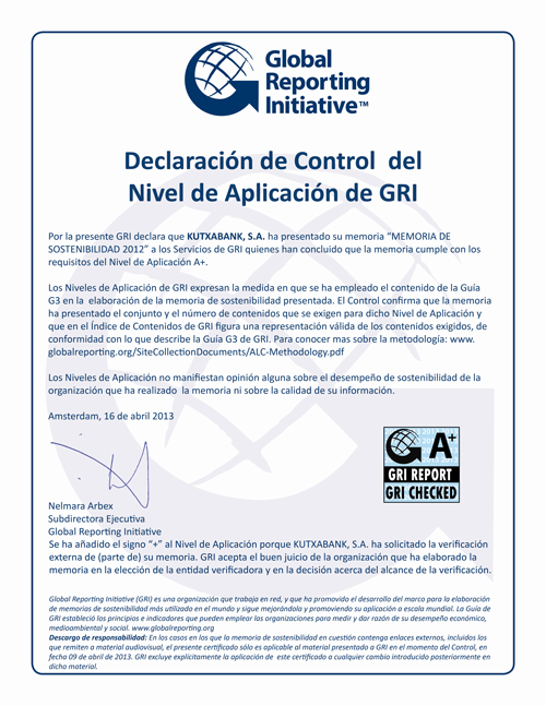 Imagen del Informe de Declaración de Control del Nivel de Aplicación de GRI